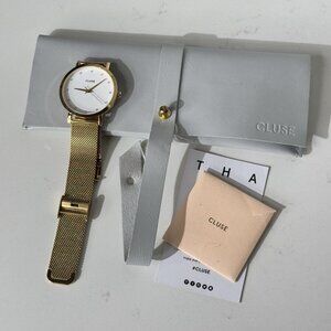Cluse Gold Mesh Watch White Dial with rhinestones